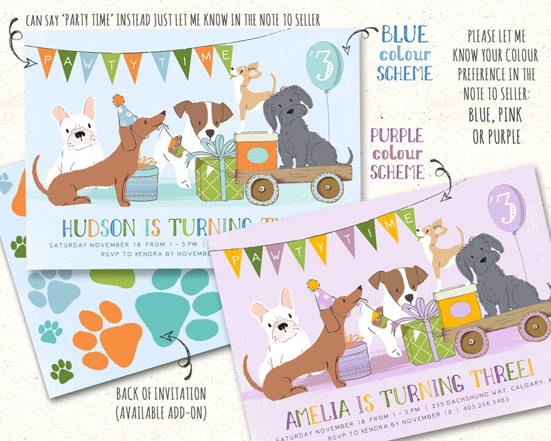 May include: Two printable invitations for a dog-themed third birthday party. The invitations feature a cartoon illustration of four dogs pulling a wagon with presents. The text on the invitations reads "Hudson is turning three!" and "Amelia is turning three!" The invitations are available in blue, pink, or purple color schemes.