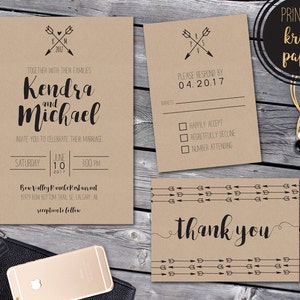 Conjunto de convites para casamento de outono, convites rústicos, convites de casamento com flechas, convites de papel kraft, convites tribais, outono
