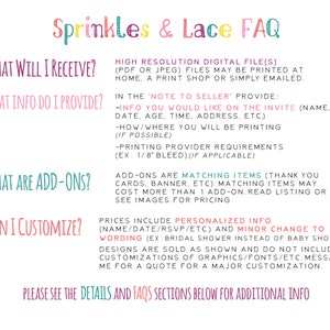 K&ouml;nnte beinhalten: Eine rosa und wei&szlig;e Grafik mit dem Text "Sprinkles & Lace FAQ" in einer rosa und wei&szlig;en Schriftart. Die Grafik enth&auml;lt Informationen dar&uuml;ber, was in einem digitalen Dateikauf enthalten ist, welche Informationen vom K&auml;ufer ben&ouml;tigt werden, welche Add-ons verf&uuml;gbar sind und ob eine Anpassung m&ouml;glich ist.