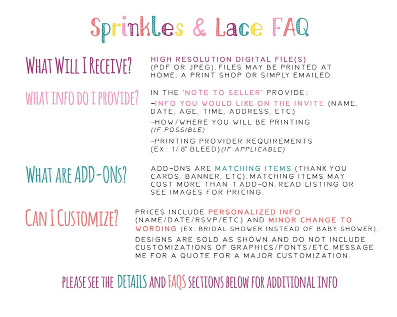 K&ouml;nnte beinhalten: Eine rosa und wei&szlig;e Grafik mit dem Text "Sprinkles & Lace FAQ" in einer rosa und wei&szlig;en Schriftart. Die Grafik enth&auml;lt Informationen dar&uuml;ber, was in einem digitalen Dateikauf enthalten ist, welche Informationen vom K&auml;ufer ben&ouml;tigt werden, welche Add-ons verf&uuml;gbar sind und ob eine Anpassung m&ouml;glich ist.