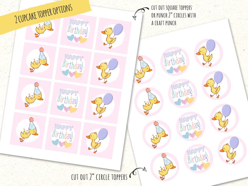 Pu&ograve; includere: Topper per cupcake stampabili con un'anatra gialla con un cappello da festa e un palloncino rosa. I topper dicono "Buon compleanno!" e sono progettati per cerchi o quadrati da 5 cm.