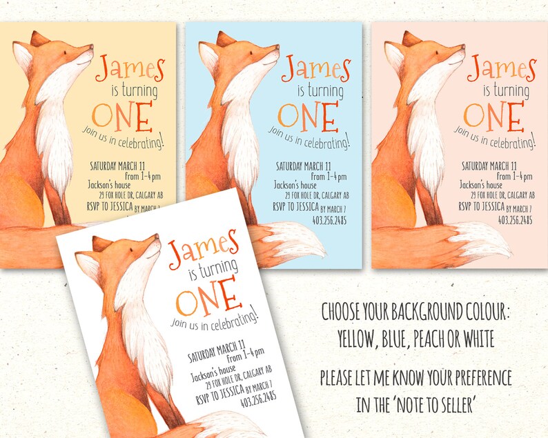 May include: A printable invitation for a first birthday party featuring a cute cartoon fox with a yellow, blue, peach or white background. The invitation says "James is turning one, join us in celebrating!" and includes the date, time, location, and RSVP information.