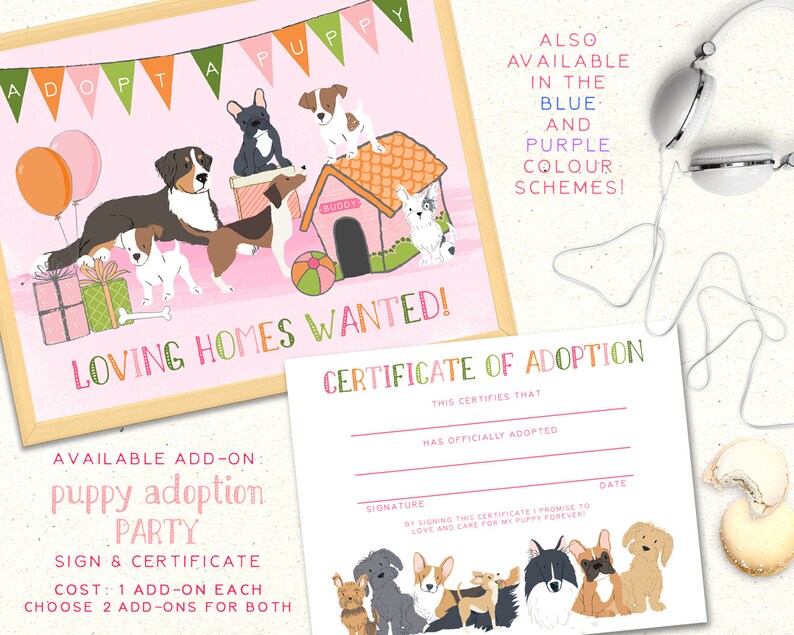 May include: A pink and green printable sign with the text "Adopt a Puppy" and illustrations of puppies. The sign also includes the text "Loving Homes Wanted!" and "Available Add-on: Puppy Adoption Party. Sign & Certificate. Cost: 1 Add-on Each. Choose 2 Add-ons for Both."