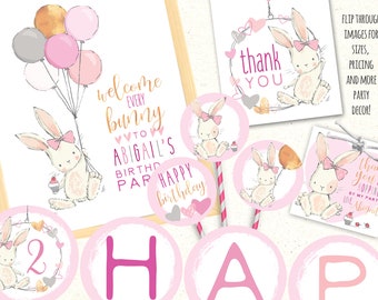 Bunny Party Printables, Bunny Party Decorations, Bunny Birthday Invitation, Bunny Party Decor, First Birthday Decoration, Girl Party Decor