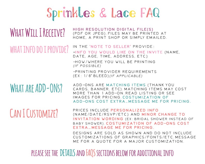 May include: A pink and green graphic with the text "Sprinkles & Lace FAQ" and a list of frequently asked questions about digital printable files for invitations. The questions include "What will I receive?", "What info do I provide?", "What are add-ons?", and "Can I customize?"
