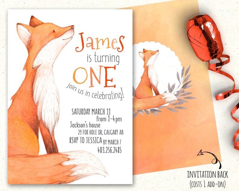 May include: A white invitation card with a fox illustration. The text reads "James is turning ONE. Join us in celebrating!"  The invitation details include the date, time, location, RSVP information, and phone number.
