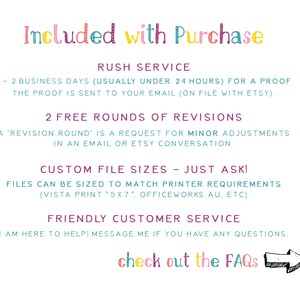 K&ouml;nnte beinhalten: Eine Grafik mit dem Text "Included with Purchase" in Rosa, Gr&uuml;n und Blau. Dem Text folgt eine Liste der angebotenen Dienstleistungen, darunter Eilservice, kostenlose &Uuml;berarbeitungen, benutzerdefinierte Dateigr&ouml;&szlig;en und freundlicher Kundenservice. Die Grafik enth&auml;lt auch den Text "check out the FAQs" mit einem Pfeil, der nach rechts zeigt.