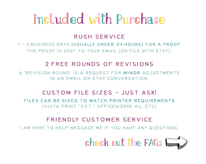 K&ouml;nnte beinhalten: Eine Grafik mit dem Text "Included with Purchase" in Rosa, Gr&uuml;n und Blau. Dem Text folgt eine Liste der angebotenen Dienstleistungen, darunter Eilservice, kostenlose &Uuml;berarbeitungen, benutzerdefinierte Dateigr&ouml;&szlig;en und freundlicher Kundenservice. Die Grafik enth&auml;lt auch den Text "check out the FAQs" mit einem Pfeil, der nach rechts zeigt.