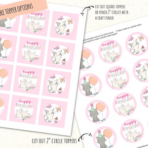 May include: Printable cupcake toppers featuring cute kittens with balloons and butterflies. The toppers are pink with white text that says "Happy Birthday!" and are designed to be cut out and used as cupcake decorations.