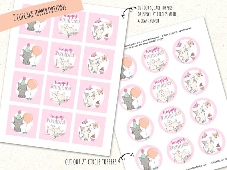 May include: Printable cupcake toppers featuring cute kittens with balloons and butterflies. The toppers are pink with white text that says "Happy Birthday!" and are designed to be cut out and used as cupcake decorations.