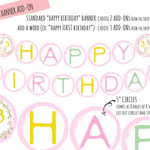 Op de afbeelding: Een printbare verjaardagbanner met roze, gele en groene cirkels. Elke cirkel heeft een letter die "Happy Birthday" spelt. Er zijn ook drie cirkels met een konijnenillustratie en het nummer "3" erop. De banner heeft een diameter van 5 inch en wordt geleverd als 8 pagina's van 8,5 x 11 inch PDF.