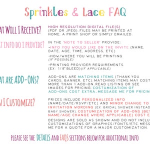 Op de afbeelding: Een roze, groene en blauwe afbeelding met de tekst "Sprinkles & Lace FAQ" bovenaan. De afbeelding geeft informatie over wat er in een digitale bestandsdownload zit, welke informatie van de koper nodig is, welke add-ons beschikbaar zijn en of aanpassing mogelijk is.