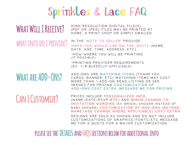 Op de afbeelding: Een roze, groene en blauwe afbeelding met de tekst "Sprinkles & Lace FAQ" bovenaan. De afbeelding geeft informatie over wat er in een digitale bestandsdownload zit, welke informatie van de koper nodig is, welke add-ons beschikbaar zijn en of aanpassing mogelijk is.