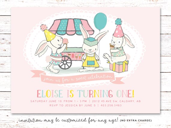Ice Cream Birthday Invitation, Bunny Birthday Invitation, Summer Birthday Invitation, First Birthday Invitation, Icecream Birthday Invite