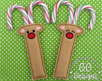 Reindeer Girl and Boy Candy Cane Holder in the hoop machine embroidery design
