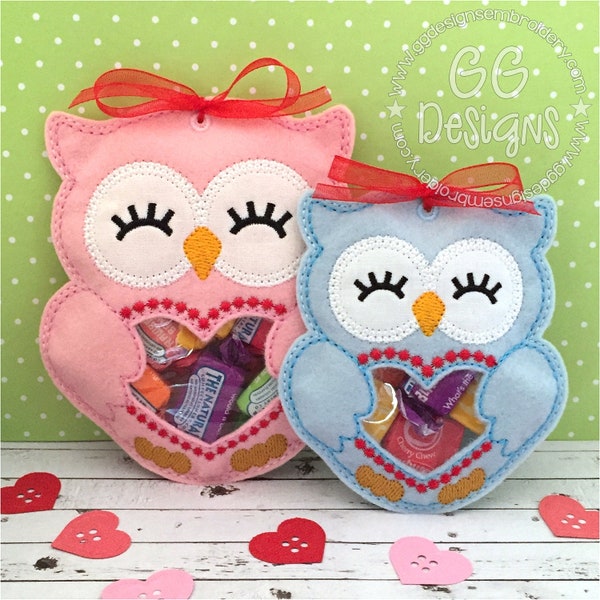 Valentine Owl Peekaboo Treat Bag in the hoop machine embroidery design