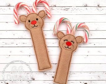 Reindeer Candy Cane Holder in the hoop machine embroidery design
