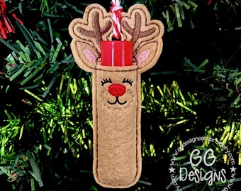Reindeer Chapstick Holder Ornament in the hoop machine embroidery design