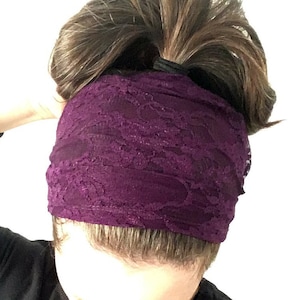 Christian head covering for everyday, purple lace light weight headband, wide comfy prayer headcover, lace tie on headscarf,modest headscarf