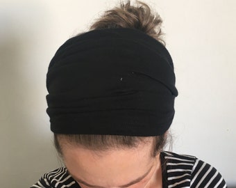 Black Wide Tie-On Headband – Adjustable Hair Wrap for Women, Soft Fabric Headband, Stylish Adult Head Band, Black Comfy Headcover Extra Wide