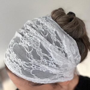 White Lace Headband, Christian Head Covering, Lightweight Floral Hair Wrap, Wide Comfy Tie-On Headscarf for Women, Religious Headcovering