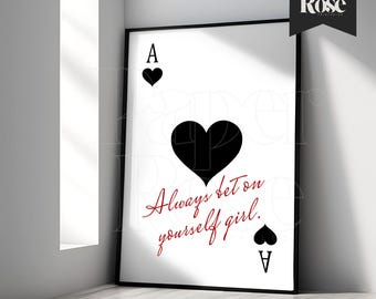 Trendy Playing Card Art, Ace of Hearts Black and White Print, Feminist, Dopamine Decor, Preppy Girls Dorm Room Wall Art, Retro Style Print