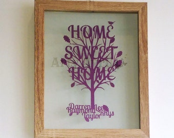 Personalised Family Tree, hand cut name tree, home sweet home papercut, anniversary present, new home, housewarming gift,