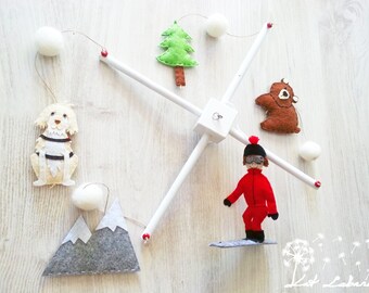 Baby Mobile Ski, Winter Mobile, Dog Patrol, Rescue Dog, Hanging Mobile, Nursery Decoration, Baby Shower Gift, Ski Patrol, Mountain Peak