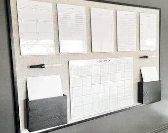 Custom Organization System with Wood Framed Magnetic Board Dry Erase Calendar and List Magnets, Wooden Filebox and Decorative Magnetic Plant