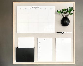 Wall Board Office Organizer Linen and Wood Framed Modern Custom Command Center Dry Erase Calendar Magnetic Organizer 24&quot;x24&quot; Home Office