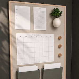 School Bulletin Board, Neutral, Magnetic Display Board, Wood Framed with Linen Fabric Children's Classroom Board, Cubbies for Papers