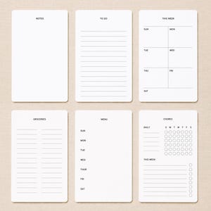 May include: Six white rectangular planning cards with black text and lines. The cards are labeled Notes, To Do, This Week, Groceries, Menu, and Chores. Each card features specific layouts including blank space, lined lists, weekly grids, and circular checkboxes.