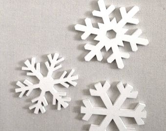 3 White, Wooden Snowflake Magnets For Your Refrigerator or Magnetic Board