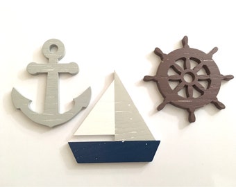 CLEARANCE! Nautical Wooden Magnets: Sailboat, Anchor & Captain's Wheel--REDUCED PRICES |Decorative Magnetic Board 1.00 per Magnet