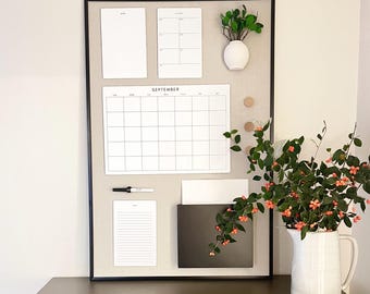 Weekly Schedule and Calendar Center Cute Office for Functional and Aesthetic Wall Decor, Wood Framed Linen Magnetic Board Minimalist Style