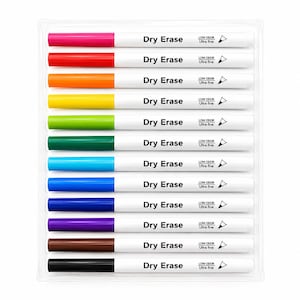 May include: A set of twelve dry erase markers in a clear plastic tray. Each marker has a white barrel with the text Dry Erase, Low Odor, and Ultra Fine printed on it. The markers feature caps in pink, red, orange, yellow, lime, green, cyan, blue, dark blue, purple, brown, and black.