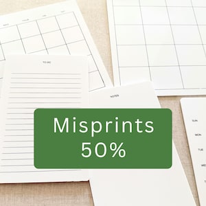 May include: An assortment of white paper planner sheets, including calendars, to-do lists, and note pages. A green rectangle with the text "Misprints 50%" is overlaid on the image.