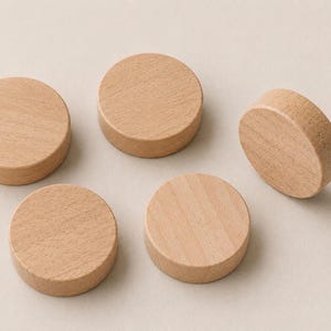 Round Wooden Magnets: 3pc Modern, Solid Birch Magnets White / Wood Finish, Quality Magnets for Refrigerator or Magnetic Board, 1 inch x 3/8"