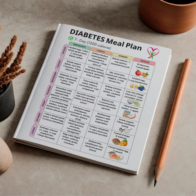 Diabetes Meal Plan Printable, 7 Day 1200 Calorie Menu, Low Glycemic ...