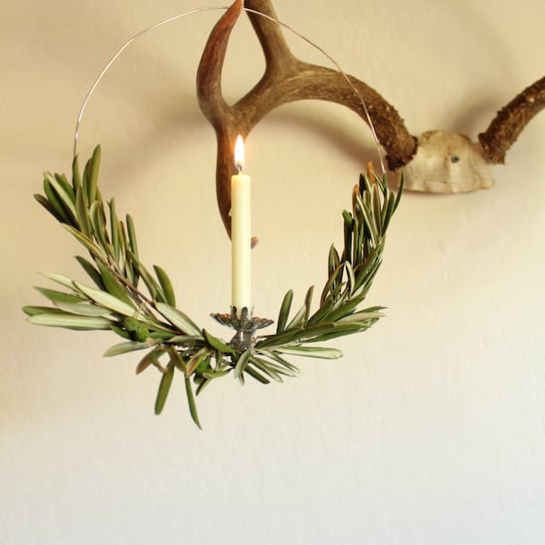 scandinavian olive branch wreath with vintage candle holder, minimalist wreath, fresh olive branch wreath, scandinavian holiday decor