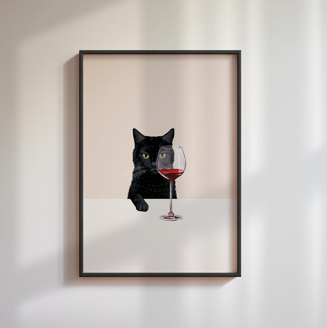Cat Wine Glass Poster, Black Cat Wall Art, Wine Cat Print - Etsy