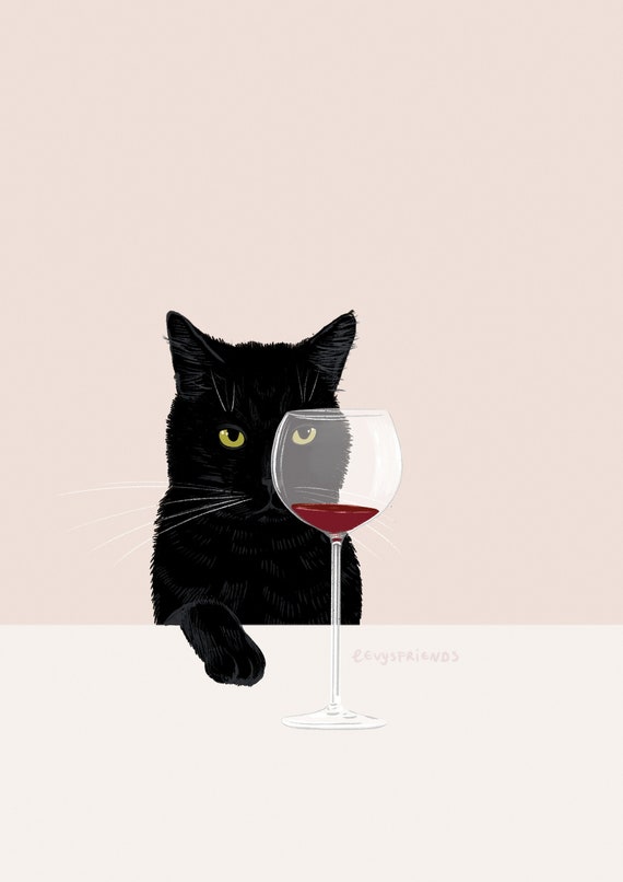 Wine Cat Wine Art Black Cat Art Black cat Print Cat Lover | Etsy