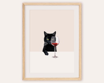 Wine Cat Poster - Black