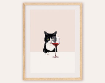 Wine Cat Poster - Tuxedo