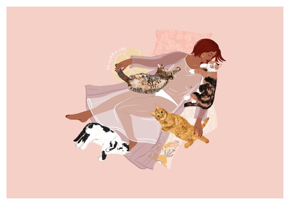Limited edition signed A4 cartoon art print ~ /'Yoga Cat/'.