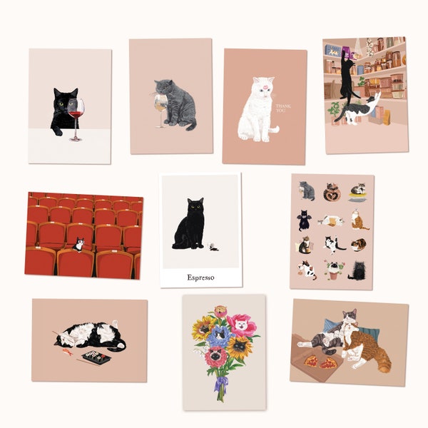 Großes Postkarten Set mit 10 Katzen