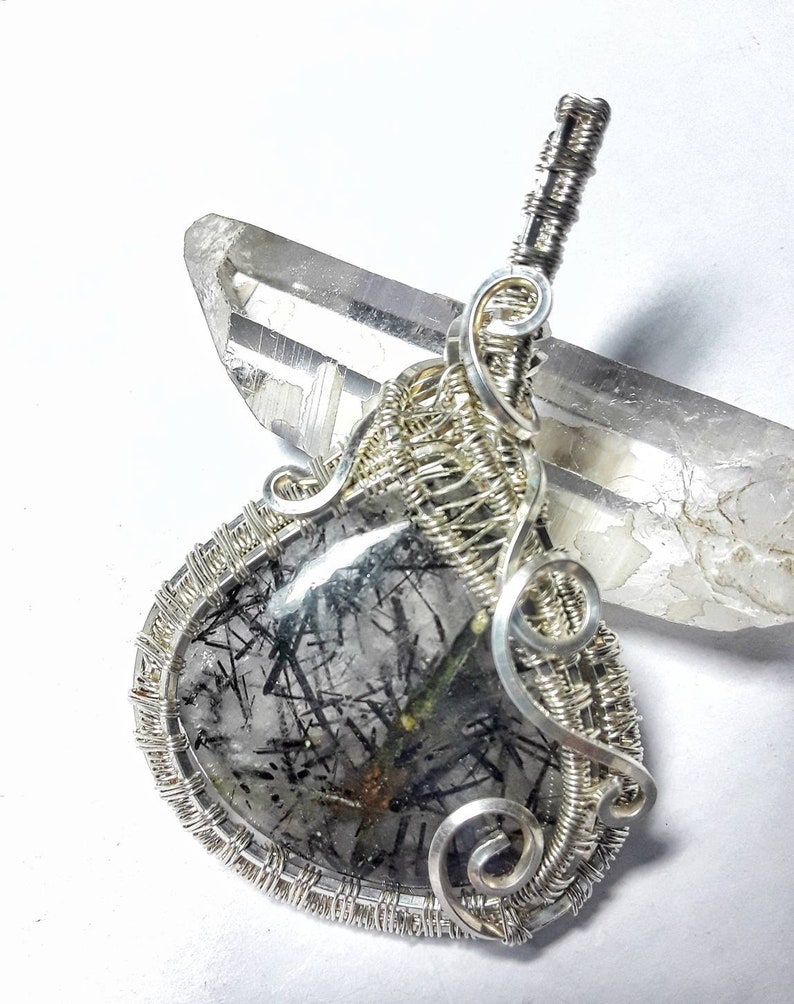 Wire Wrap Black Tourmaline in Quartz Wire Pendant Black Tourmalinated Pendant Quartz Jewelry Wire Woven Jewelry Black Clear Silver
