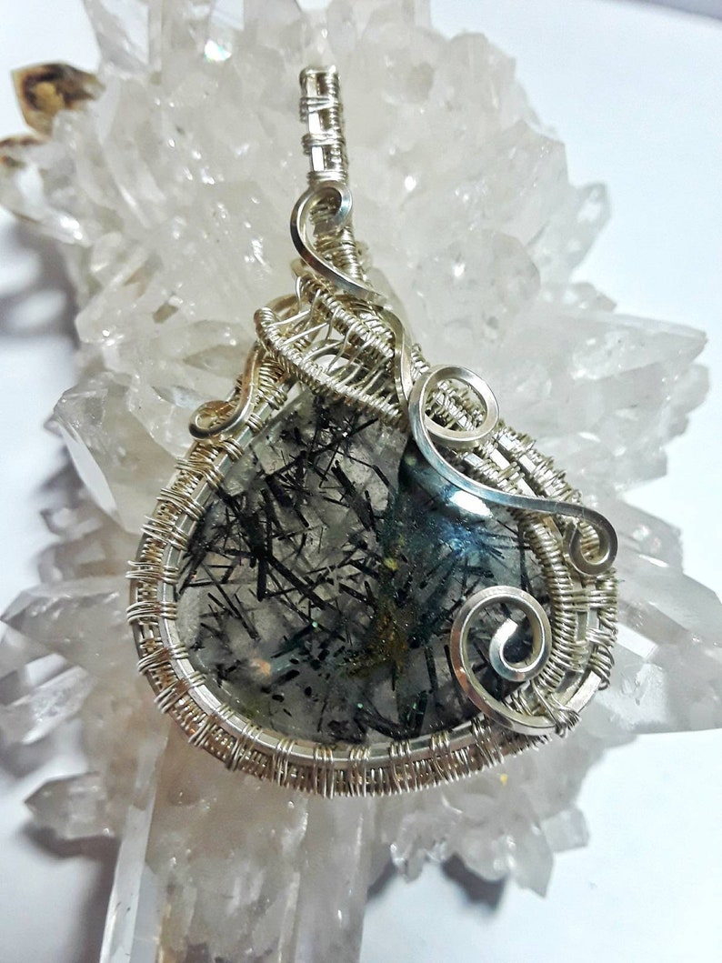 Wire Wrap Black Tourmaline in Quartz Wire Pendant Black Tourmalinated Pendant Quartz Jewelry Wire Woven Jewelry Black Clear Silver