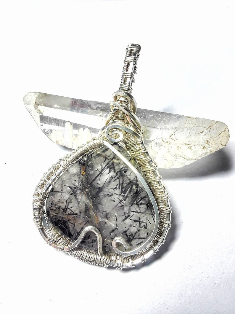 Wire Wrap Black Tourmaline in Quartz Wire Pendant Black Tourmalinated Pendant Quartz Jewelry Wire Woven Jewelry Black Clear Silver