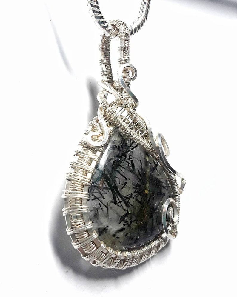 Wire Wrap Black Tourmaline in Quartz Wire Pendant Black Tourmalinated Pendant Quartz Jewelry Wire Woven Jewelry Black Clear Silver